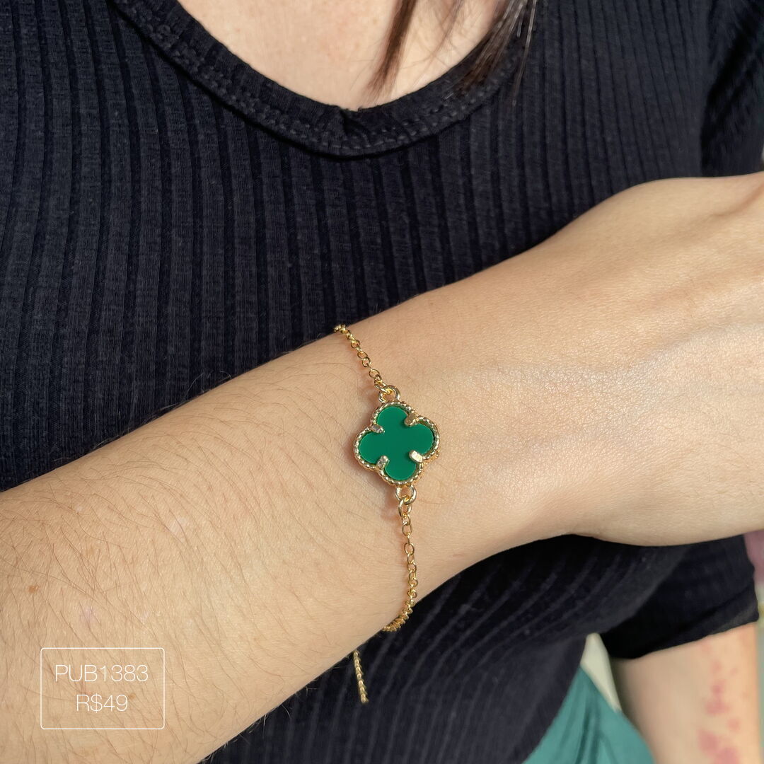 Pulseira c/ 1 Trevo G Verde Lisa Dourada